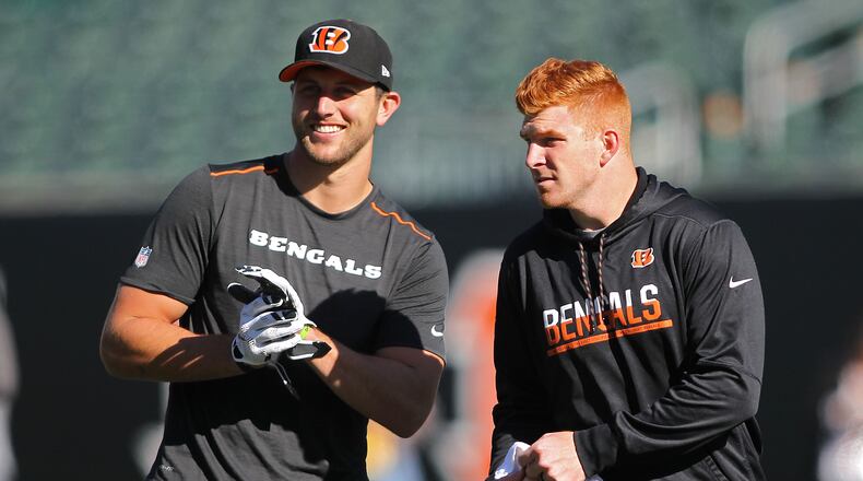 CINCINNATI, OH - OCTOBER 23: Tyler Eifert #85 and Andy Dalton #14 of the Cincinnati Bengals talk while warming up prior to the start of the game against the Cleveland Browns at Paul Brown Stadium on October 23, 2016 in Cincinnati, Ohio. (Photo by John Grieshop/Getty Images)