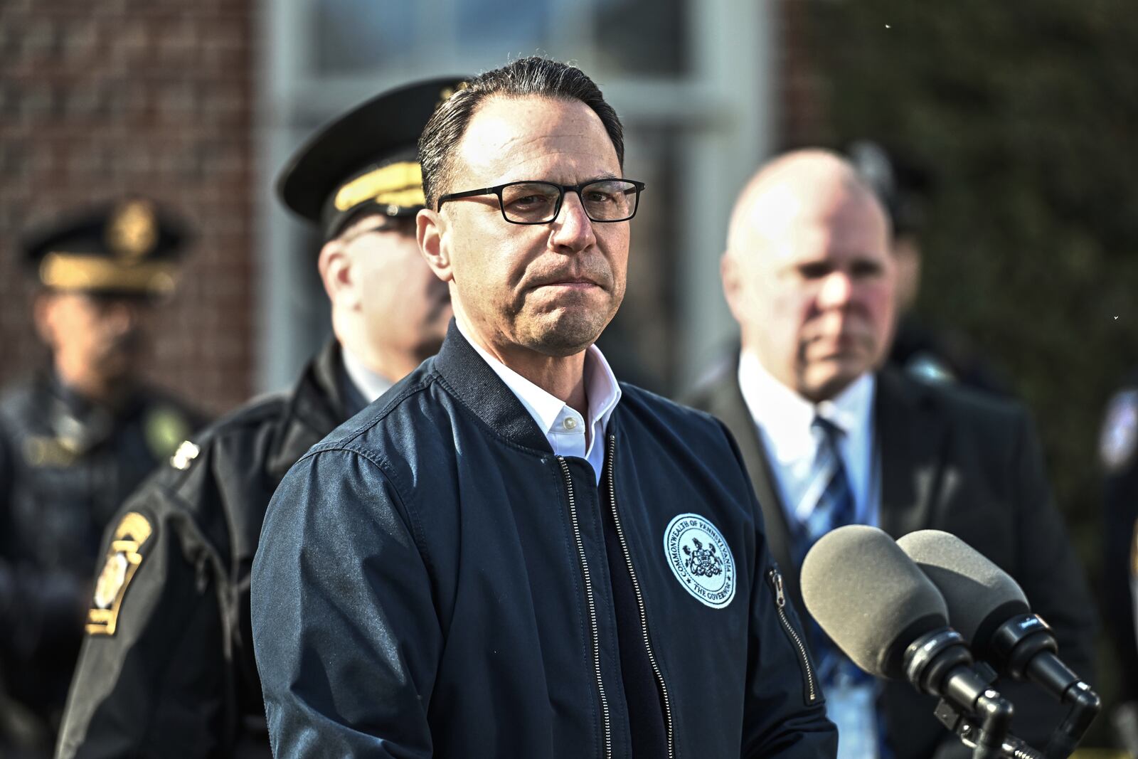 Pennsylvania Gov. Josh Shapiro pauses during a news conference at the governor's official residence discussing the alleged arson that forced him, his family and guests to flee in the middle of the night on the Jewish holiday of Passover, Sunday, Apr. 13, 2025, in Harrisburg, Pa. (AP Photo/Marc Levy)