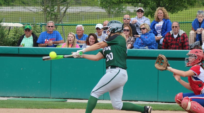 Badin’s Sam Sander swings for her team’s only hit in the second inning of a Division III regional semifinal Wednesday against Springfield Northwestern at Wright State University. CONTRIBUTED PHOTO BY GREG BILLING