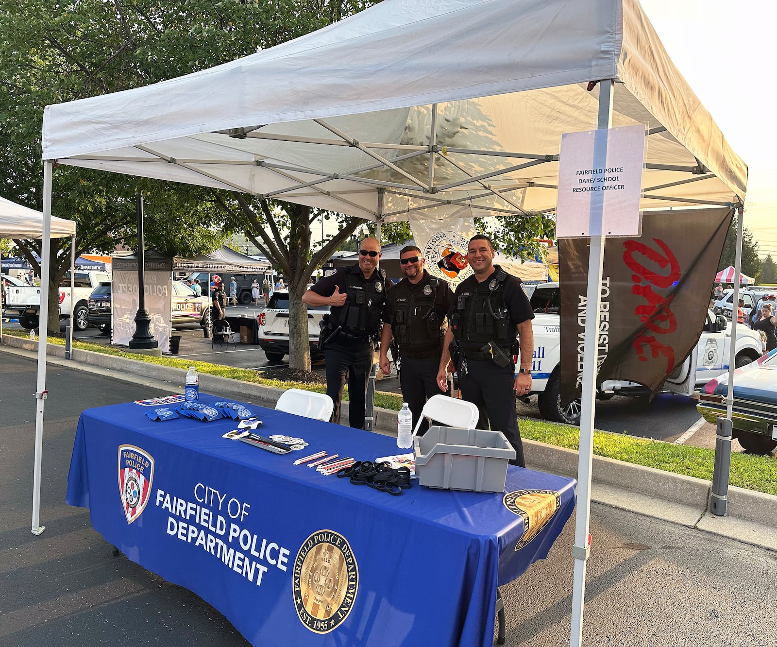 The Fairfield Police Department will have a tent at Tuesday's National Night Out to answer questions and recruit new officers. Children and teens can meet the school resource officers at a separate tent. FAIRFIELD POLICE DEPARTMENT/CONTRIBUTED