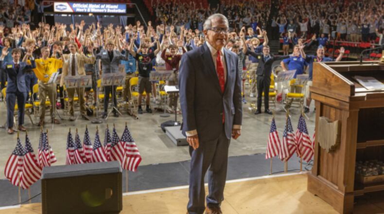 Ohio’s leader came to Miami University’s main campus this week to help inspire teenage boys to a better understanding and appreciation of American government. Governor Mike DeWine was the keynote speaker to more than 600 at Millett Hall in Oxford as part of the annual American Legion Buckeye Boys Camp that attracts teens from around the state. (Provided Photo\Journal-News)