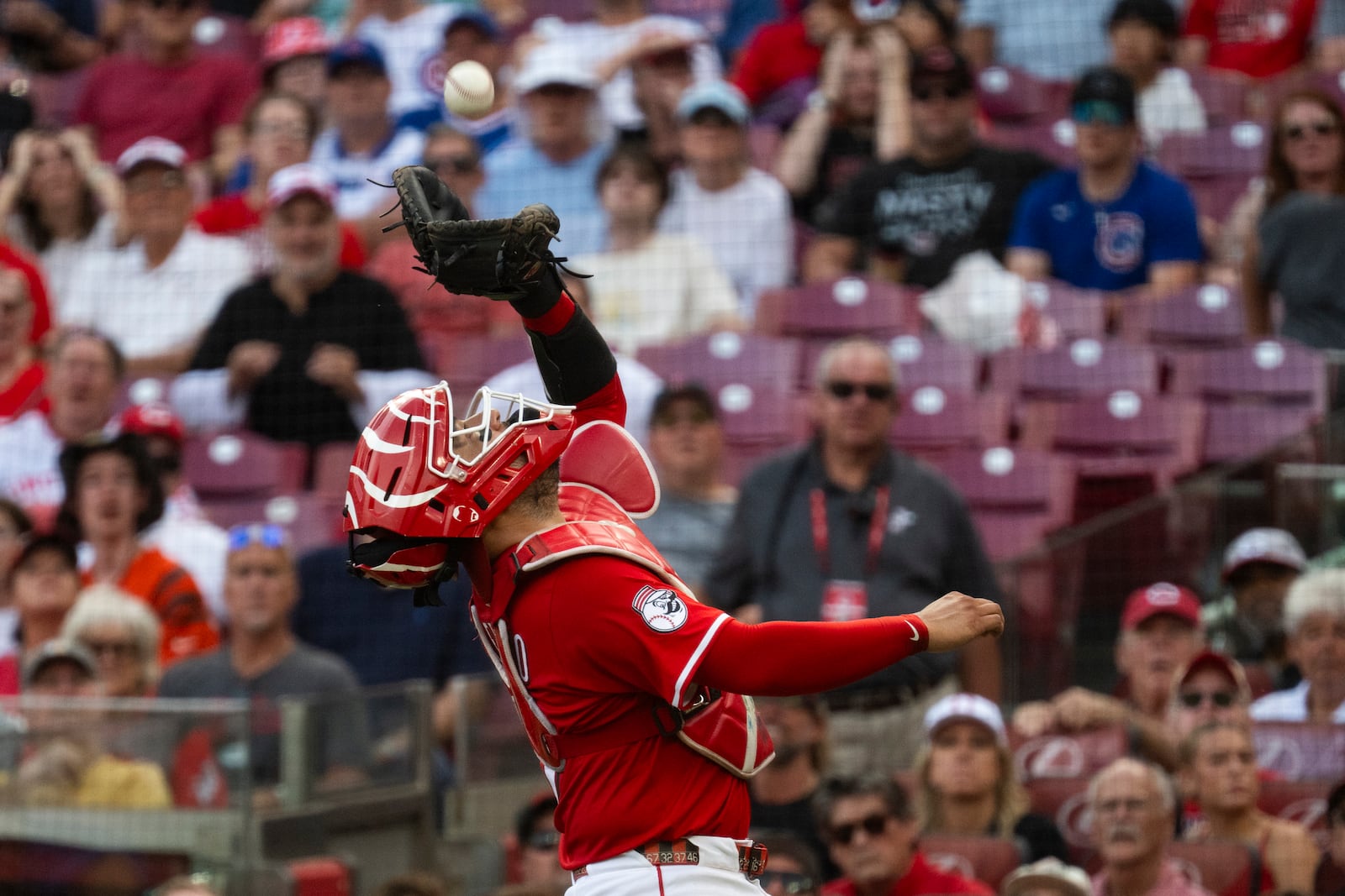 Cincinnati Reds catcher Jose Trevino (35) catches a foul ball in the eighth inning of a baseball game against the Chicago Cubs, Sunday, Sept. 21, 2025, in Cincinnati. (AP Photo/Michael Swensen)