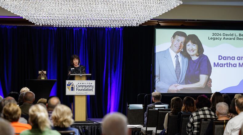 Martha Mehl accepts the 2024 David L. Belew Legacy Award at the Hamilton Community Foundation's annual dinner on Tuesday, Oct. 22, 2024. Martha and her late husband, Dana Mehl. Their journey of service started by collaborating on projects at Champion International and eventually led to creating the Ross Community Foundation, which is now an affiliate foundation of the Hamilton Community Foundation. PROVIDED