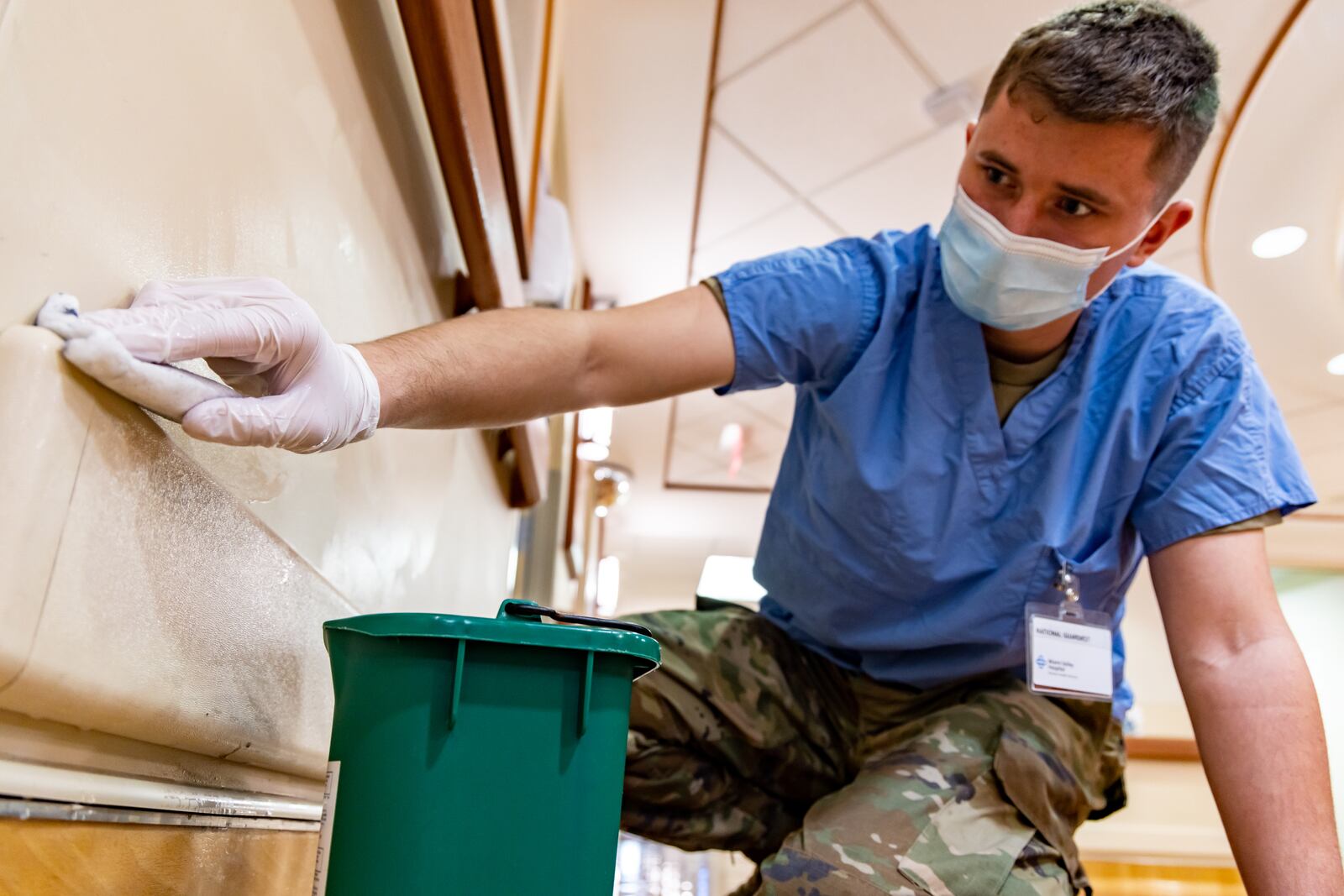 Members of the Ohio National Guard are helping at Miami Valley Hospital in Dayton as Ohio experiences staffing shortages at hospitals across the state during the COVID-19 pandemic. Guard members arrived on Dec. 30, 2021, for orientation and have been assisting with food service, environmental services, patient transport and other non-clinical jobs. The National Guard is also helping with Premier Health’s COVID testing site located across from MVH on Main Street. Photo courtesy Premier Health