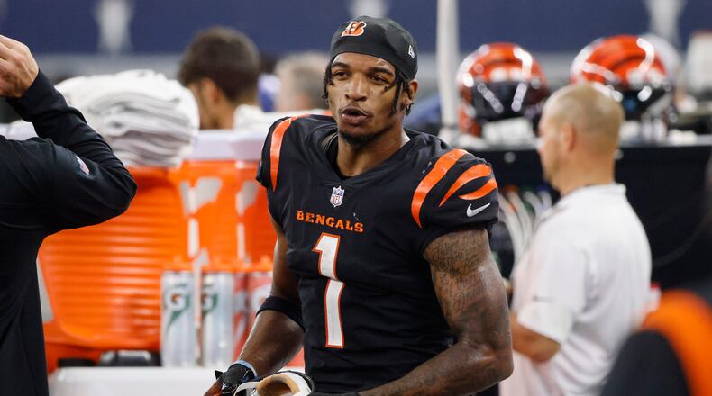 Cincinnati Bengals wide receiver Ja'Marr Chase (1) leaves the field after their 20-17 loss to the Dallas Cowboys after an NFL football game Sunday, Sept. 18, 2022, in Arlington, Tx. (AP Photo/Michael Ainsworth)