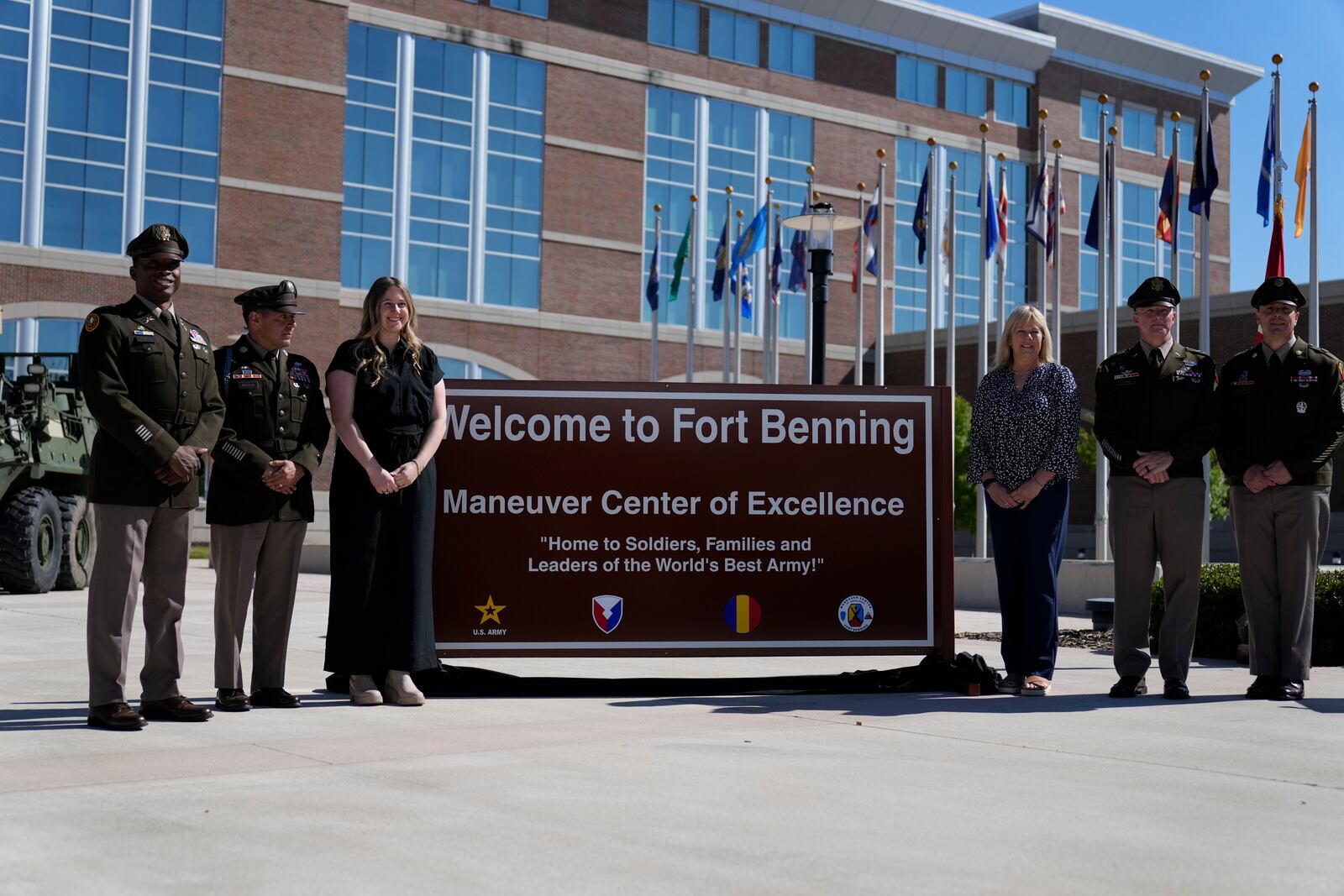 Ms. Sue Conger-Williams, right, Fred Benning's granddaughter joined Army military officials during a ceremony at Fort Benning, honoring new namesake on Wednesday, April 16, 2025, in Fort Benning, Ga. (AP Photo/Brynn Anderson)