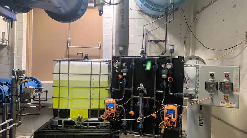 The city of Fairfield will make the switch in how it disinfects its drinking water, going from a gas to liquid treatment. Public Utilities Director Adam Sackenheim said this change will improve the quality and taste of the drinking water, and may be better than Hamilton's award-winning municipal water. Pictured is the temporary setup during the 12-day pilot run in December and January, testing if this was a better option. PROVIDED