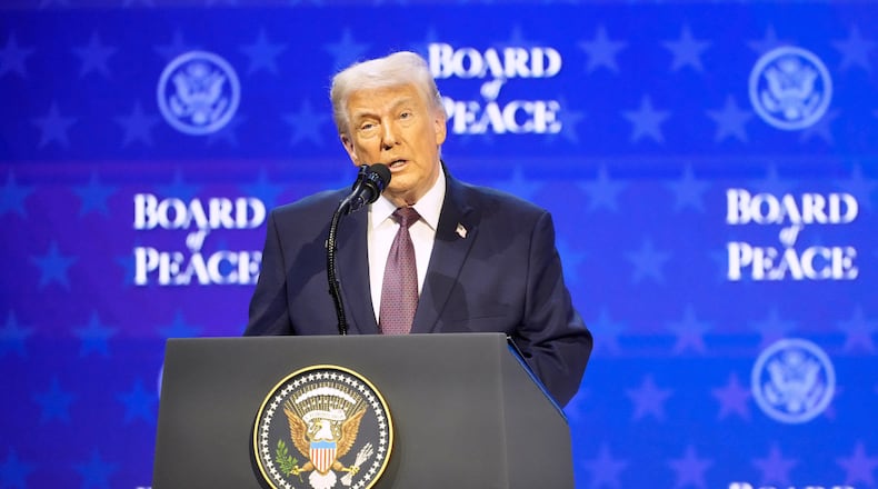 President Donald Trump speaks during a session on his Board of Peace initiative at the Annual Meeting of the World Economic Forum in Davos, Switzerland, Thursday, Jan. 22, 2026. (AP Photo/Markus Schreiber)