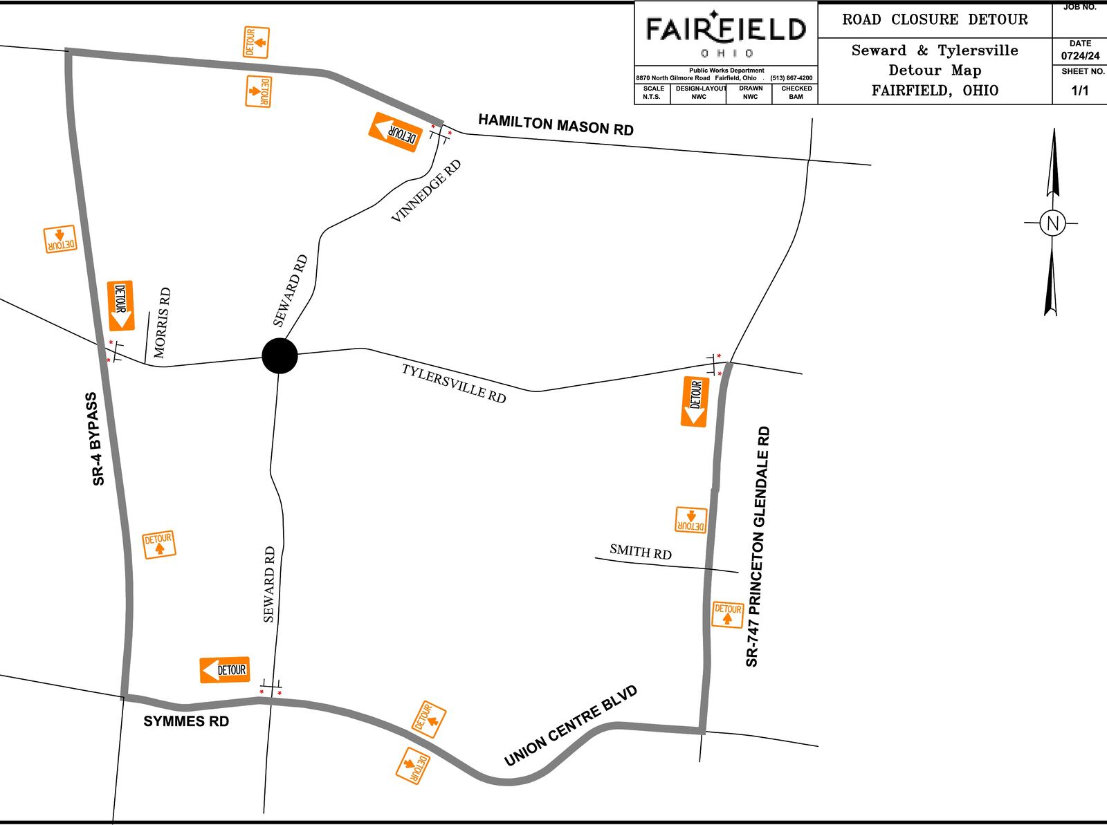 Construction of a roundabout at the intersection of Tylersville and Seward roads at the Fairfield/Fairfield Twp. border will close the intersection for at least 12 weeks, beginning Monday, Aug. 19, 2024. CONTRIBUTED