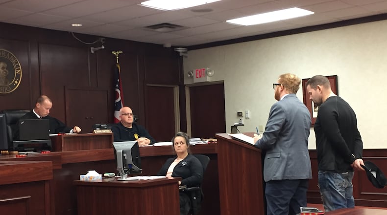 Jesse James, 39, of Franklin, far right, enters a guilty plea to a reduced misdemeanor charge of negligent assault during a Friday hearing in Franklin Municipal Court. James, who was accused of shooting another Franklin man in the head on Feb. 18, was originally charged with felonious assault, a second-degree felony. Judge Ron Ruppert ordered a pre-sentencing investigation and scheduled a sentencing hearing for March 15. ED RICHTER/STAFF