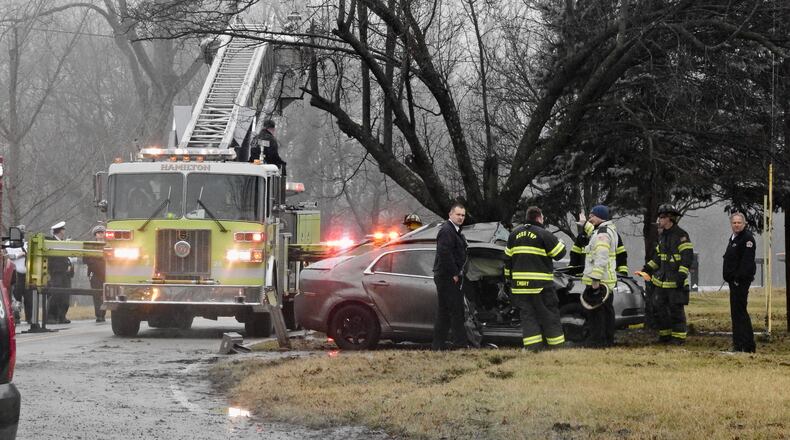 A single-vehicle crash on South Washington Boulevard near Hyde Park Drive in Hamilton injured the vehicle’s driver, who was taken to an area hospital. NICK GRAHAM/STAFF
