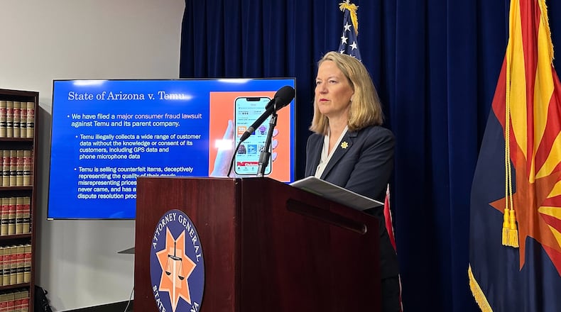 Arizona Attorney General Kris Mayes speaks at a news conference about her lawsuit against Chinese online retailer Temu in Phoenix on Tuesday, Dec. 2, 2025. (AP Photo/Sejal Govindarao)