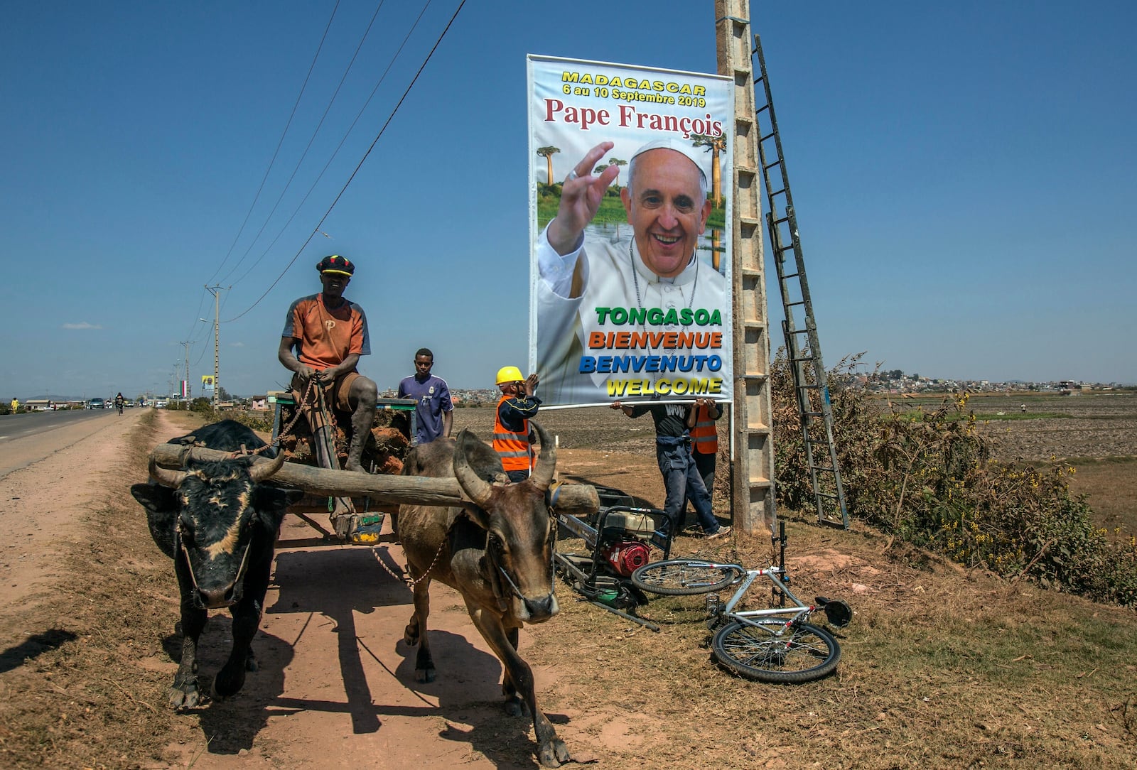 FILE - Donkeys pull a cart past workers handing a poster of Pope Francis in preparation for his visit in Antananarivo, Madagascar, Sept. 4, 2019. (AP Photo/Alexander Joe, File)