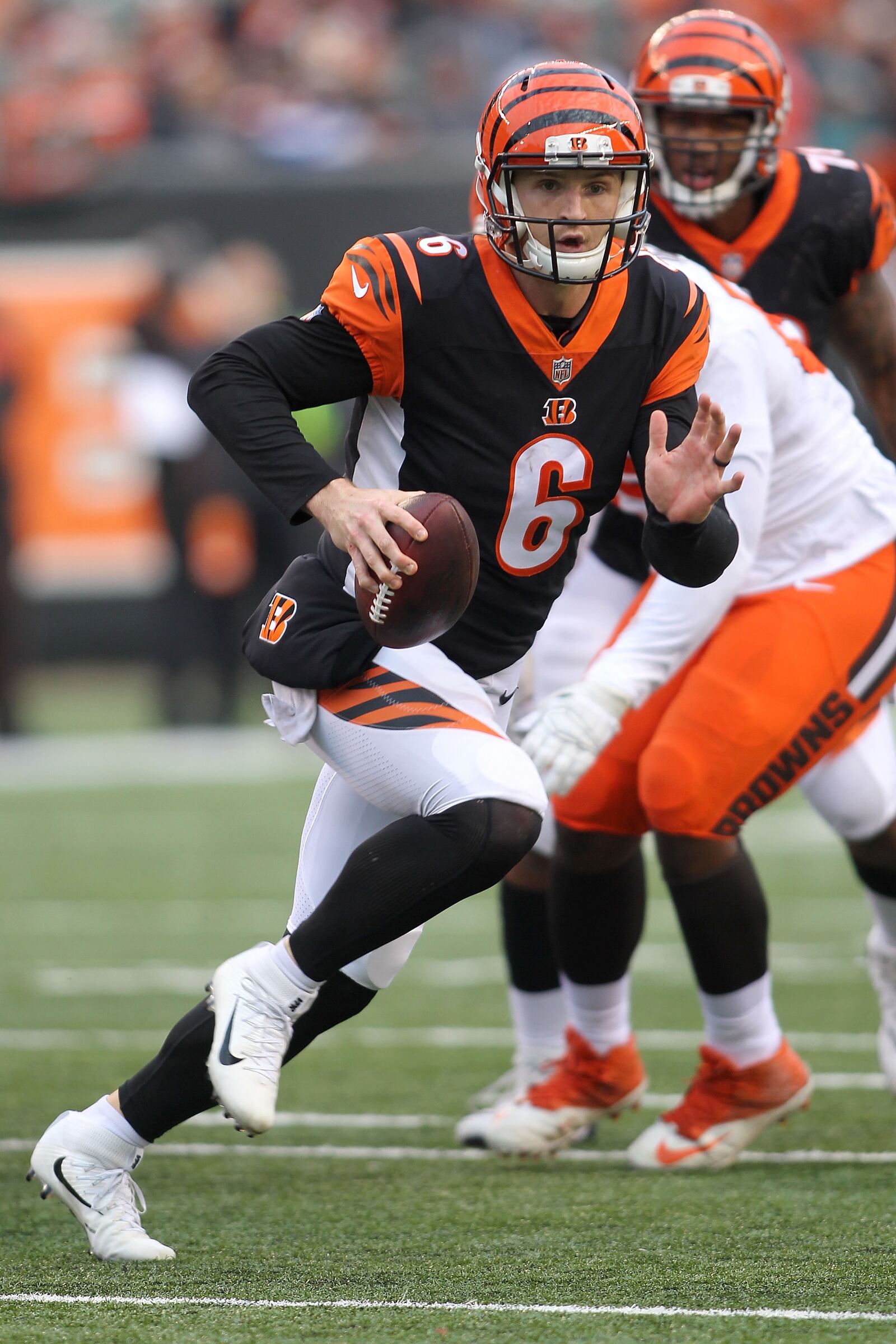 CINCINNATI, OH - NOVEMBER 25:  Jeff Driskel #6 of the Cincinnati Bengals runs with the ball during the fourth quarter of the game against the Cleveland Browns at Paul Brown Stadium on November 25, 2018 in Cincinnati, Ohio. Cleveland defeated Cincinnati 35-20. (Photo by John Grieshop/Getty Images)