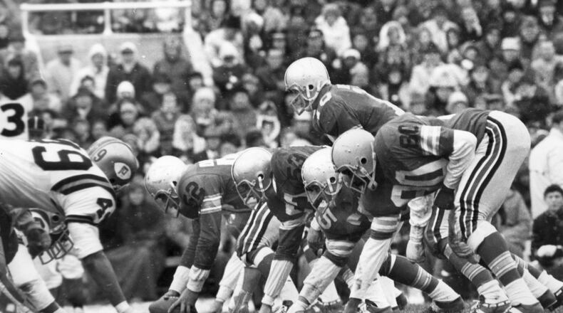 The Rex Kern-led Ohio State offense, flanked by Jan White (80) on the end, lines up against Purdue in 1969.