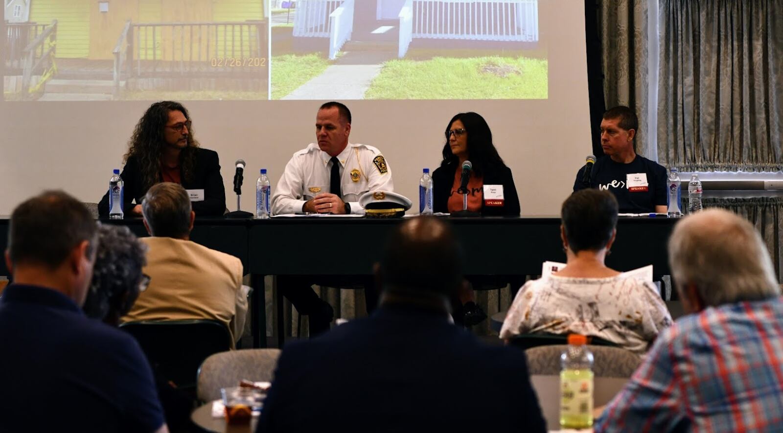 From left to right: Hamilton Assistant Law Director Brian Harrison, Police Chief Craig Bucheit, Residential Services Supervisor Tami Rose an Senior Civil Engineer Pat Yinglong address attendees of the inaugural 17Strong Hamilton Neighborhoods Summit on June 24, 2023 at Miami University Regionals Hamilton Campus. SARA FIELDS-SILVA/CONTRIBUTED/17STRONG