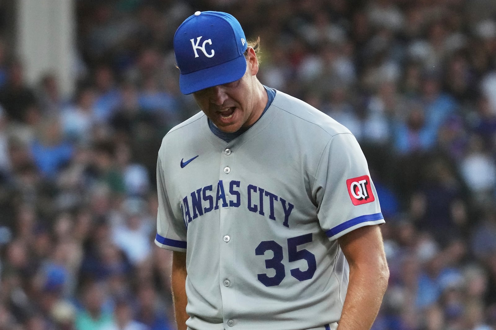 Kansas City Royals starting pitcher Rich Hill reacts as he walks back to the dugout after the second inning of a baseball game against the Chicago Cubs in Chicago, Tuesday, July 22, 2025. (AP Photo/Nam Y. Huh)