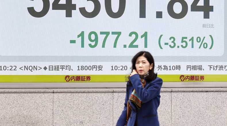 A person walks by an electronic stock board showing Japan's Nikkei index at a securities firm in Tokyo Wednesday, March 4, 2026. (Masanori Kumagai/Kyodo News via AP)