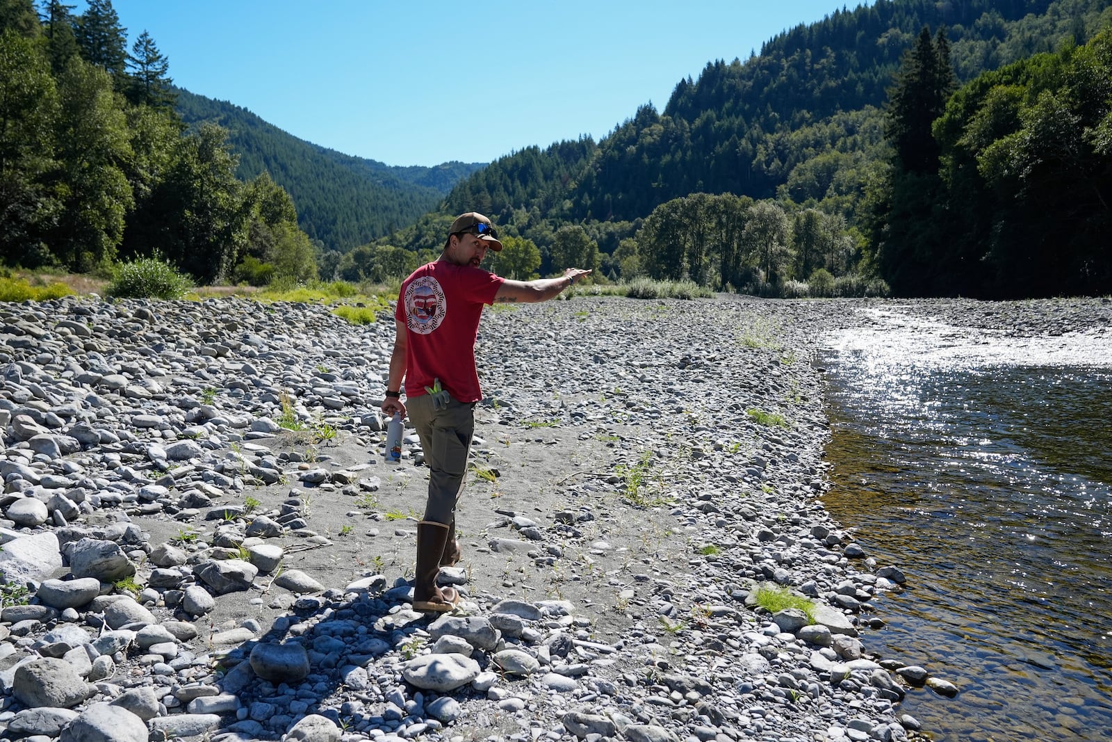 Logan McKinnon, a member of the Yurok Tribe who is involved in the restoration implementation, walks along Blue Creek, Thursday, Sept. 19, 2024, in Humboldt County, Calif. (AP Photo/Godofredo A. Vásquez)
