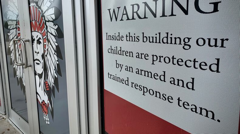 This file photo shows the warning sign you see entering Stebbins High School. Mad River School district staff members volunteered to be a armed and trained response team and were approved by the district administrators as well as law enforcement. FILE