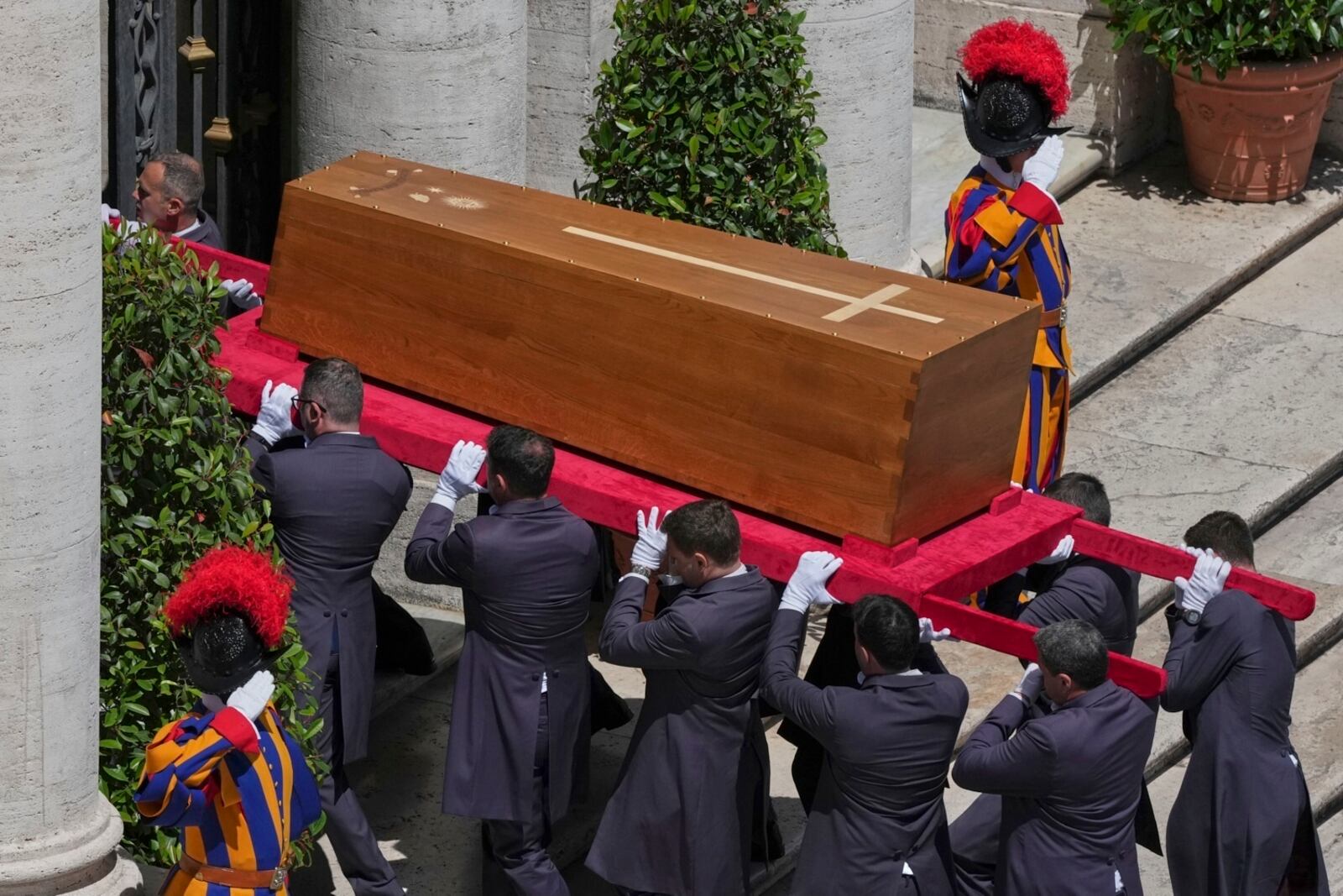 The coffin of Pope Francis is carried inside St. Mary Major Basilica for his burial ceremony, in Rome, Saturday, April 26, 2025. (AP Photo/Antonietta Baldassarre)