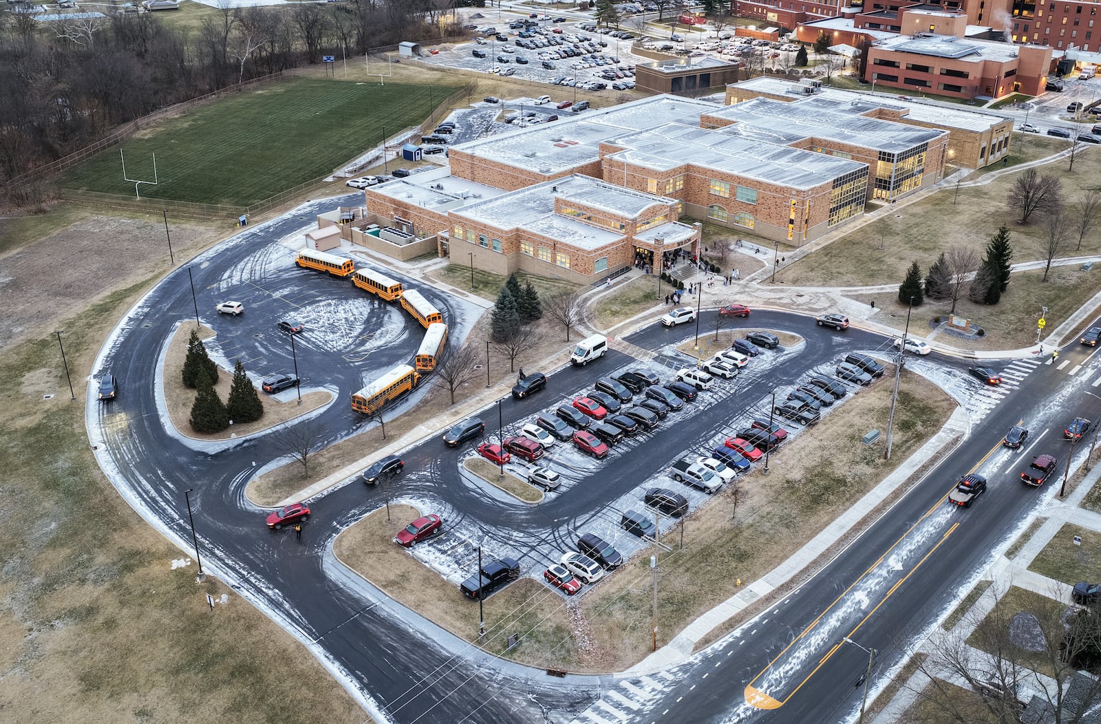 Wilson Middle School on Eaton Avenue in Hamilton is seen on a snowy Friday, Jan. 16, 2026. NICK GRAHAM/STAFF