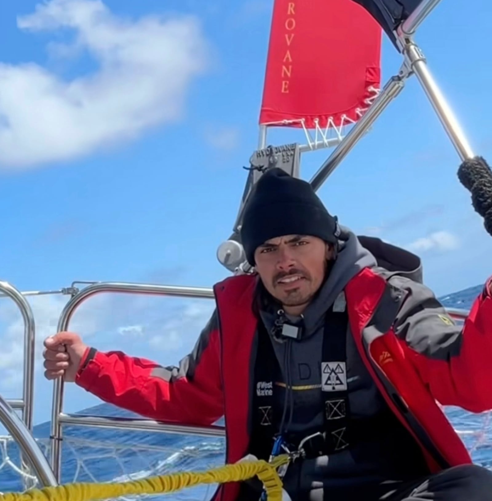 In this screengrab taken from a video posted on Oliver Widger's Instagram account on Sunday, May 4, 2025, Widger talks to the camera somewhere in the Pacific Ocean as he and his cat, Phoenix, sail from Oregon to Hawaii. (Oliver Widger via AP)