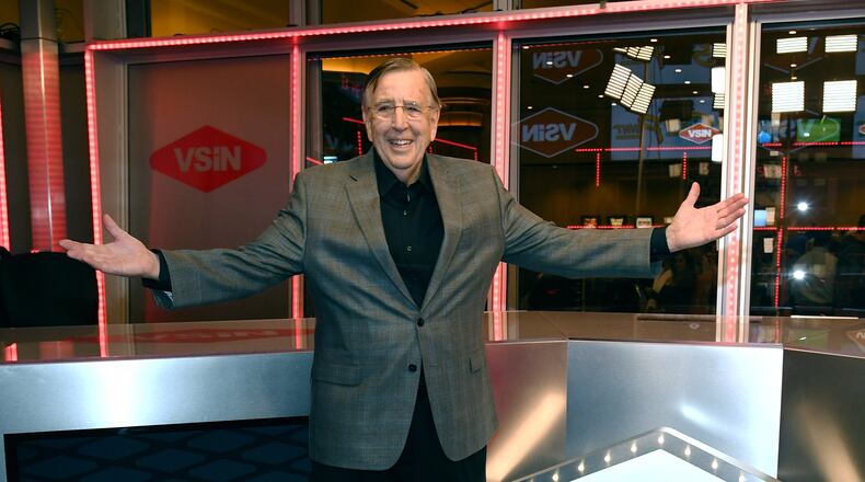 Retired sportscaster and VSiN (Vegas Stats & Information Network) managing editor and lead host Brent Musburger unveils the VSiN broadcasting studio at the South Point Hotel & Casino sports book on February 3, 2017 in Las Vegas, Nevada. VSiN is the first multi-channel network dedicated to sports gambling information.