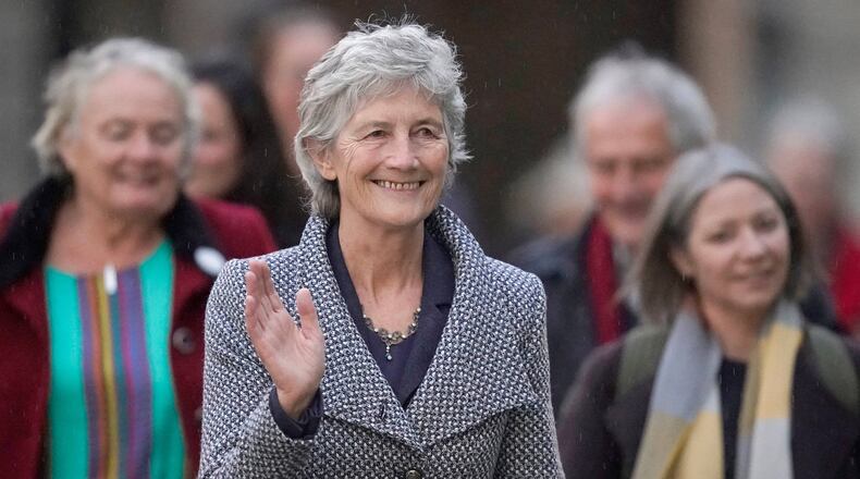 Left-wing independent presidential candidate Catherine Connolly arrives at Dublin Castle for the count in Ireland's presidential election to replace Michael D. Higgins, who has served the maximum two seven-year terms, on Saturday, Oct. 25, 2025. (Niall Carson/PA via AP)