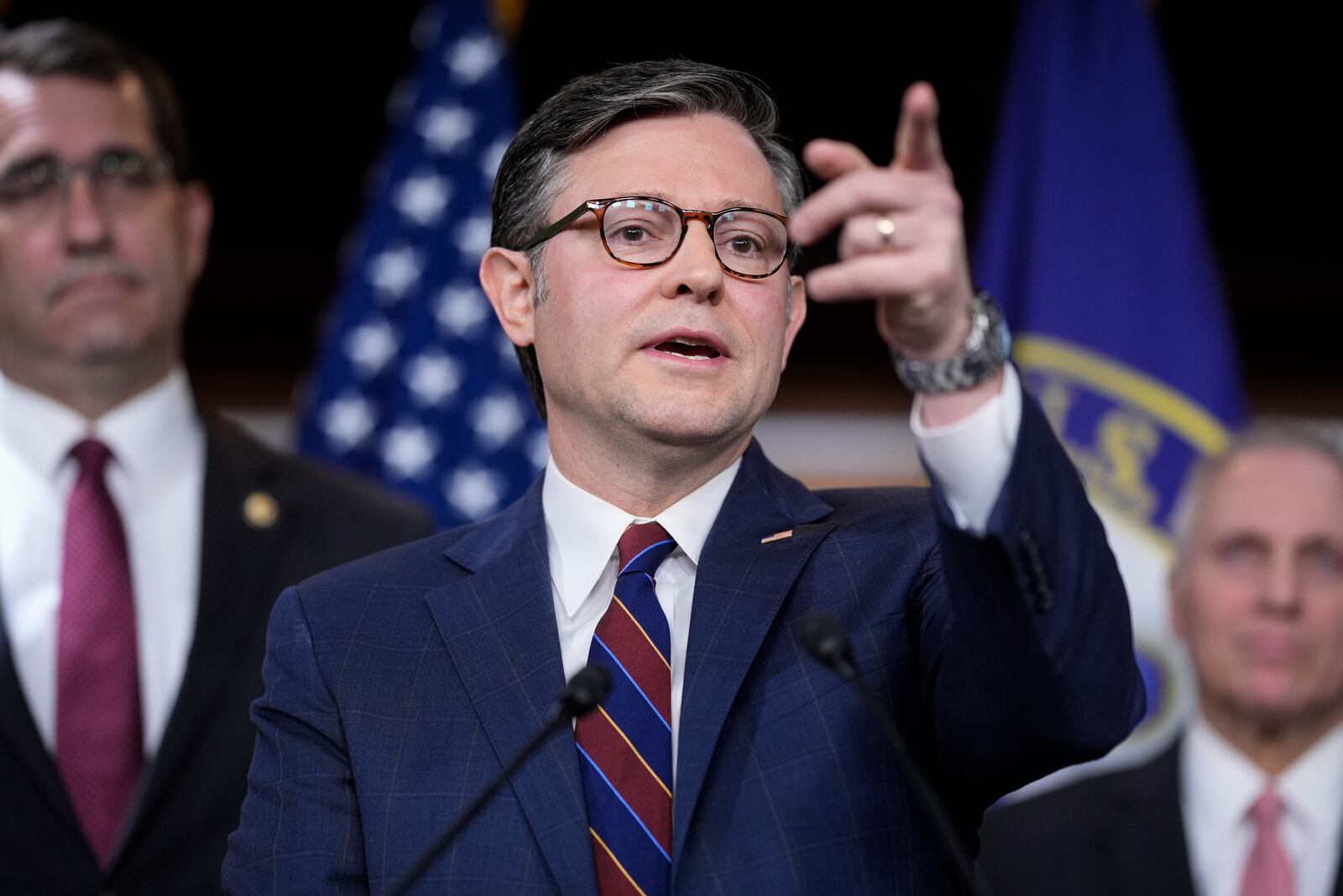 Speaker of the House Mike Johnson, R-La., takes questions from reporters at a news conference, at the Capitol, in Washington, Tuesday, April 1, 2025. (AP Photo/J. Scott Applewhite)
