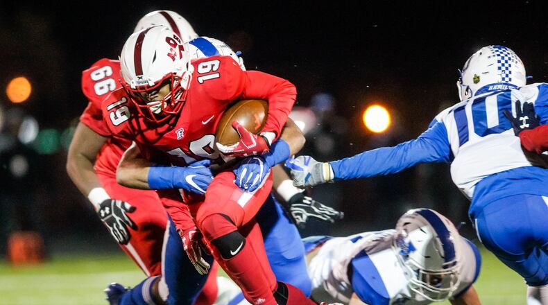 Fairfield’s Jaydan Mayes carries the ball during their first round playoff football game against Hamilton Friday, Nov. 9, 2019 in Fairfield. Fairfield won 37-13 to advance to the next round. NICK GRAHAM/STAFF