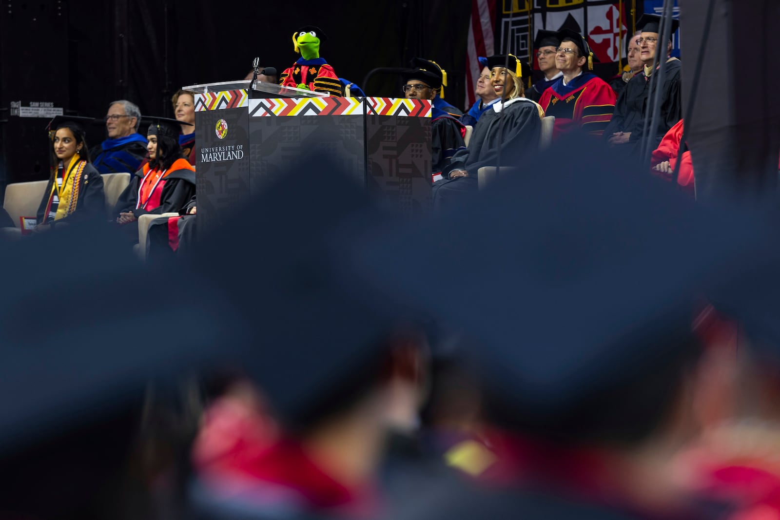 Kermit the Frog speaks during University of Maryland's commencement ceremony on Thursday, May 22, 2025, in College Park, Md. (Dylan Singleton/University of Maryland via AP)