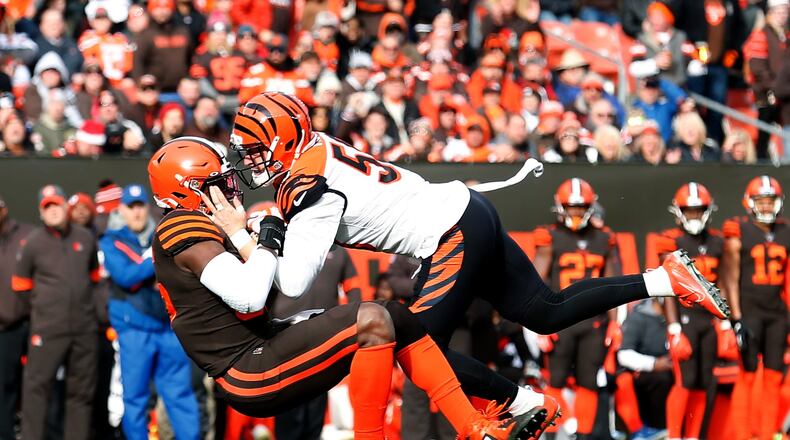 CLEVELAND, OH - DECEMBER 8: Nick Vigil #59 of the Cincinnati Bengals forces a fumble by David Njoku #85 of the Cleveland Browns during the first quarter at FirstEnergy Stadium on December 8, 2019 in Cleveland, Ohio. (Photo by Kirk Irwin/Getty Images)