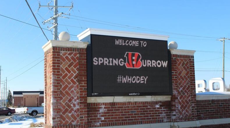 A city of Springboro digital sign at Ohio 73 and Ohio 741 welcomes people to SpringBurrow in honor of quarterback Joe Burrow and the Super Bowl-bound Cincinnati Bengals.