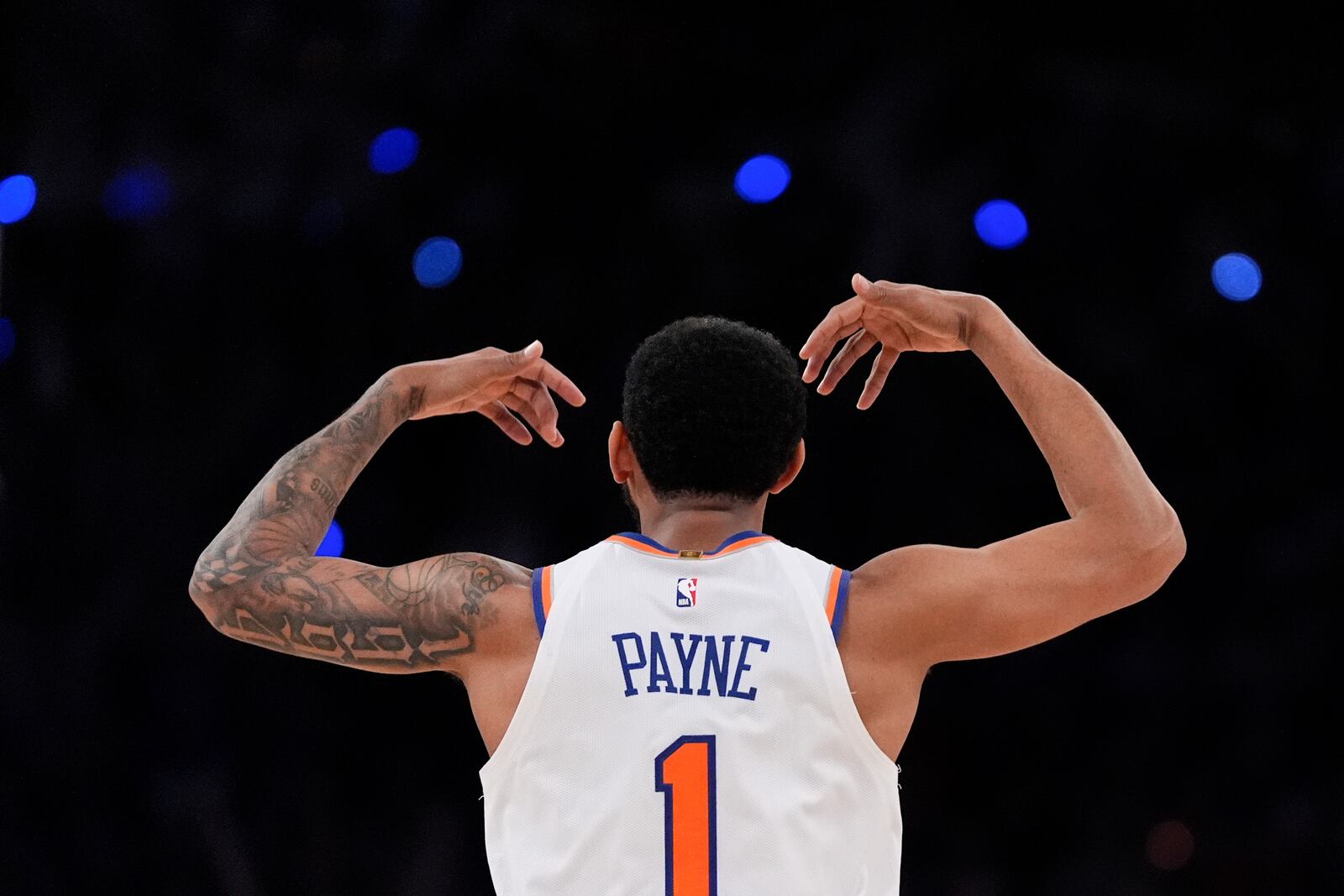 New York Knicks guard Cameron Payne reacts during the first half of Game 1 in an NBA basketball first-round playoff series against the Detroit Pistons, Saturday, April 19, 2025, in New York. (AP Photo/Julia Demaree Nikhinson)