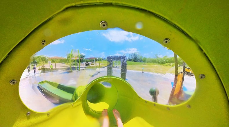 The tube slide at the splash pad at Beckett Park West in West Chester Township will be replaced by a water dome feature. NICK GRAHAM/STAFF