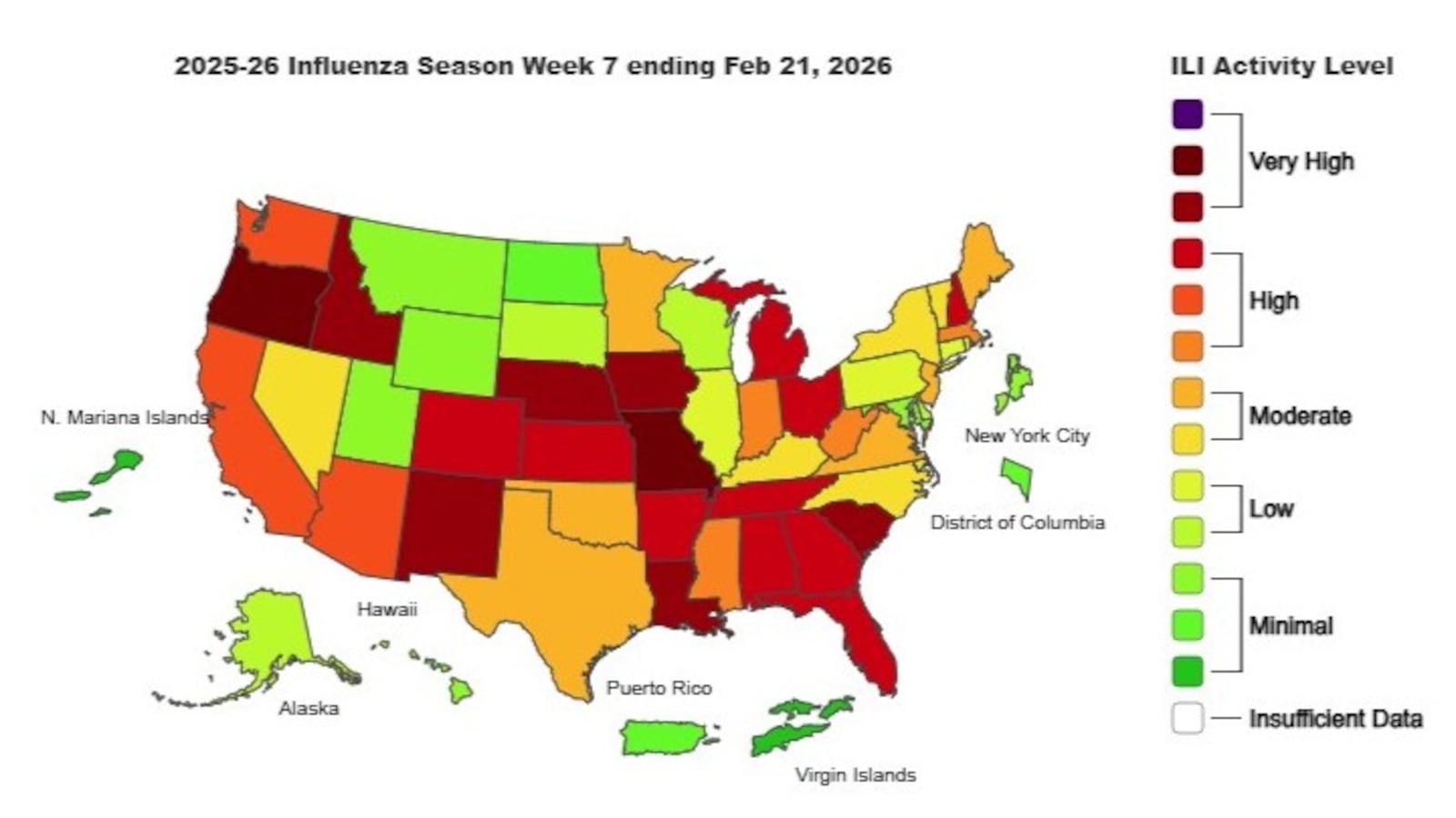 This is the weekly Outpatient Respiratory Illness Activity map from the CDC, for the week ending Feb. 21, 2026.