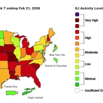 This is the weekly Outpatient Respiratory Illness Activity map from the CDC, for the week ending Feb. 21, 2026.