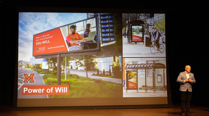 Miami University, which is regularly rated among America’s top 50 academic institutions, has in recent months launched a new marketing campaign around the theme “The Power of Will.” The campaign was boosted last month and the slogan is now appearing in a national TV ad, area billboards, bus shelter posters, social media, radio ads and other advertising venues locally and throughout Ohio cities. Pictured is Miami President Gregory Crawford at a recent presentation on campus about the campaign. CONTRIBUTED