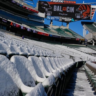 Stadium seats are covered in snow before an NFL football game between the Cincinnati Bengals and the Baltimore Ravens, Dec. 14 in Cincinnati. AP PHOTO/CAROLYN KASTER