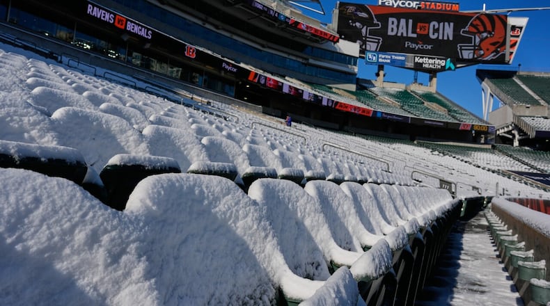 Stadium seats are covered in snow before an NFL football game between the Cincinnati Bengals and the Baltimore Ravens, Dec. 14 in Cincinnati. AP PHOTO/CAROLYN KASTER