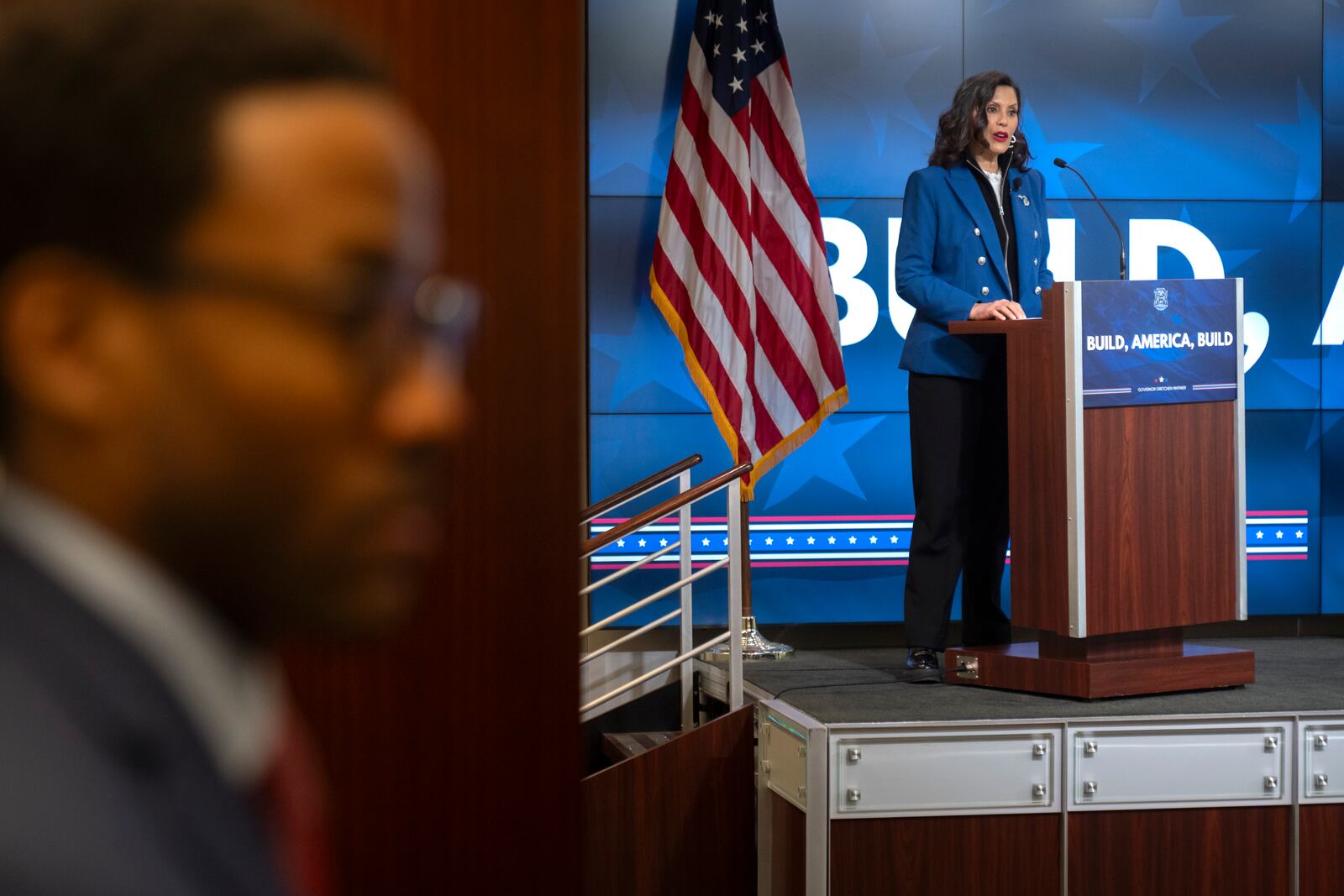 Michigan Gov. Gretchen Whitmer gives a policy speech at an event on Wednesday, April 9, 2025, in Washington. (AP Photo/Mark Schiefelbein)