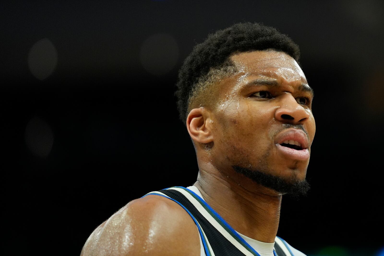 Milwaukee Bucks' Giannis Antetokounmpo reacts to a call during the second half of an NBA basketball game against the New Orleans Pelicans, Thursday, April 10, 2025, in Milwaukee. (AP Photo/Aaron Gash)