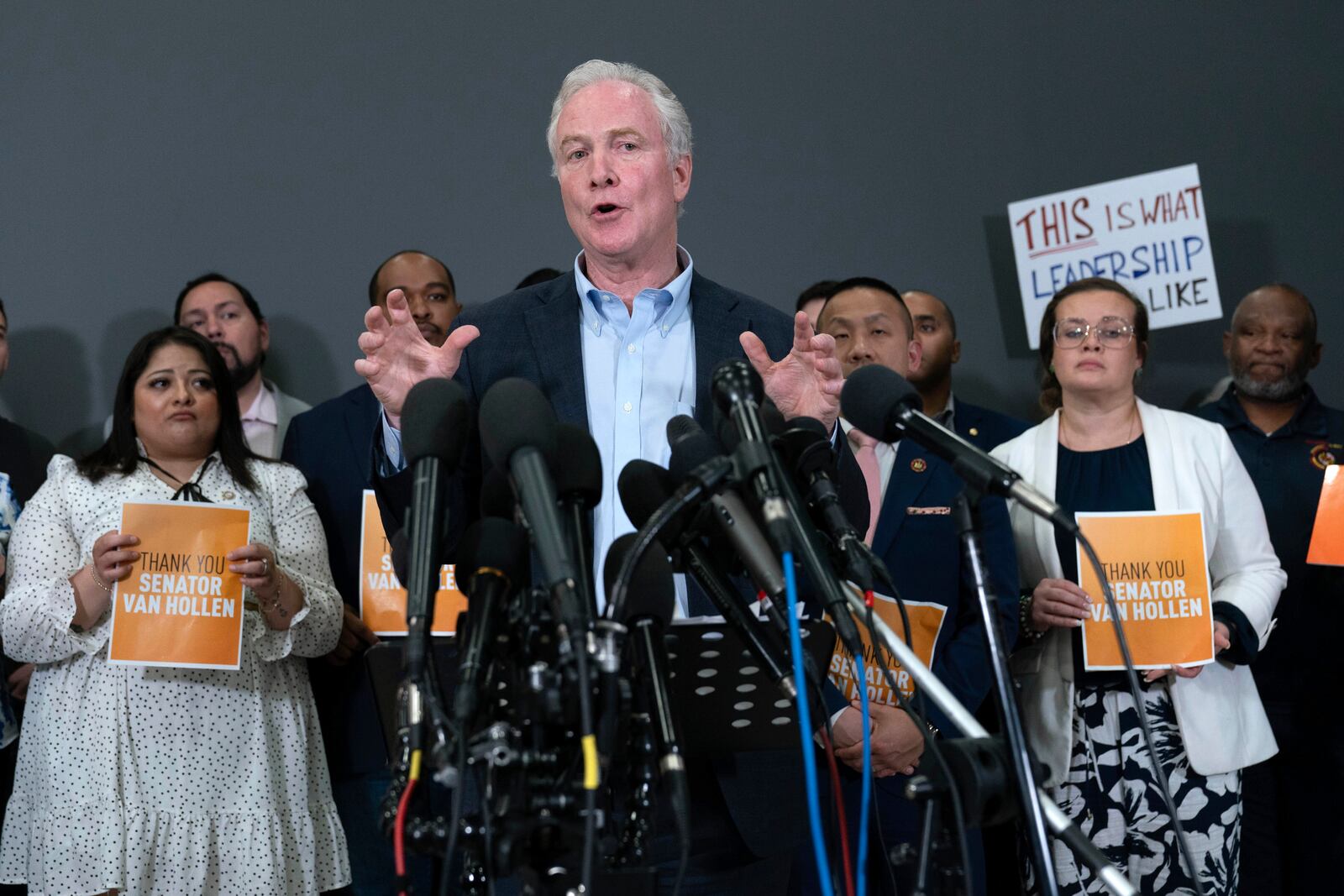Sen. Chris Van Hollen, D-Md., speaks during a news conference upon his arrival from meeting with Kilmar Abrego Garcia in El Salvador, at Washington Dulles International Airport, in Chantilly, Va., Friday, April 18, 2025. (AP Photo/Jose Luis Magana)