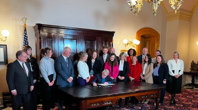 Ohio Gov. Mike DeWine signs House Bill 452, a hospital violence prevention bill, into law on Wednesday, Jan. 8, 2025. CONTRIBUTED