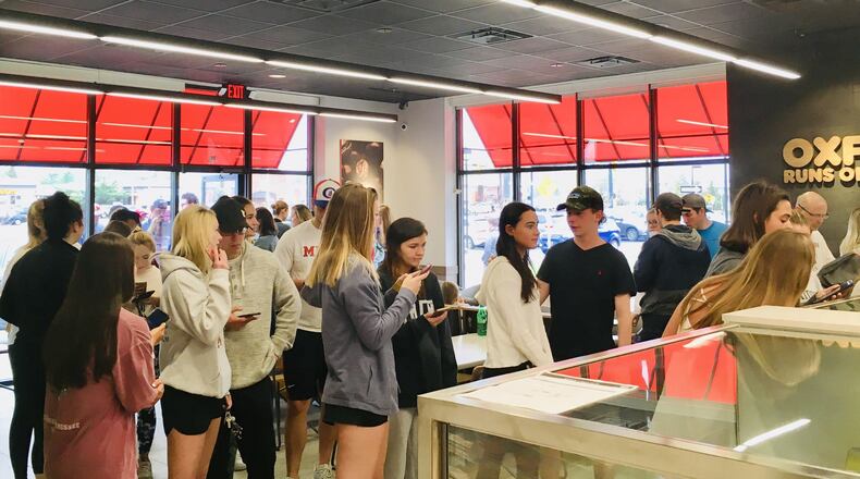 Oxford’s Dunkin’ franchise got off to a busy start the week of April 15 as the familiar logo drew crowds of people to the South Locust Street location in the same complex as the Lane Library. CONTRIBUTED