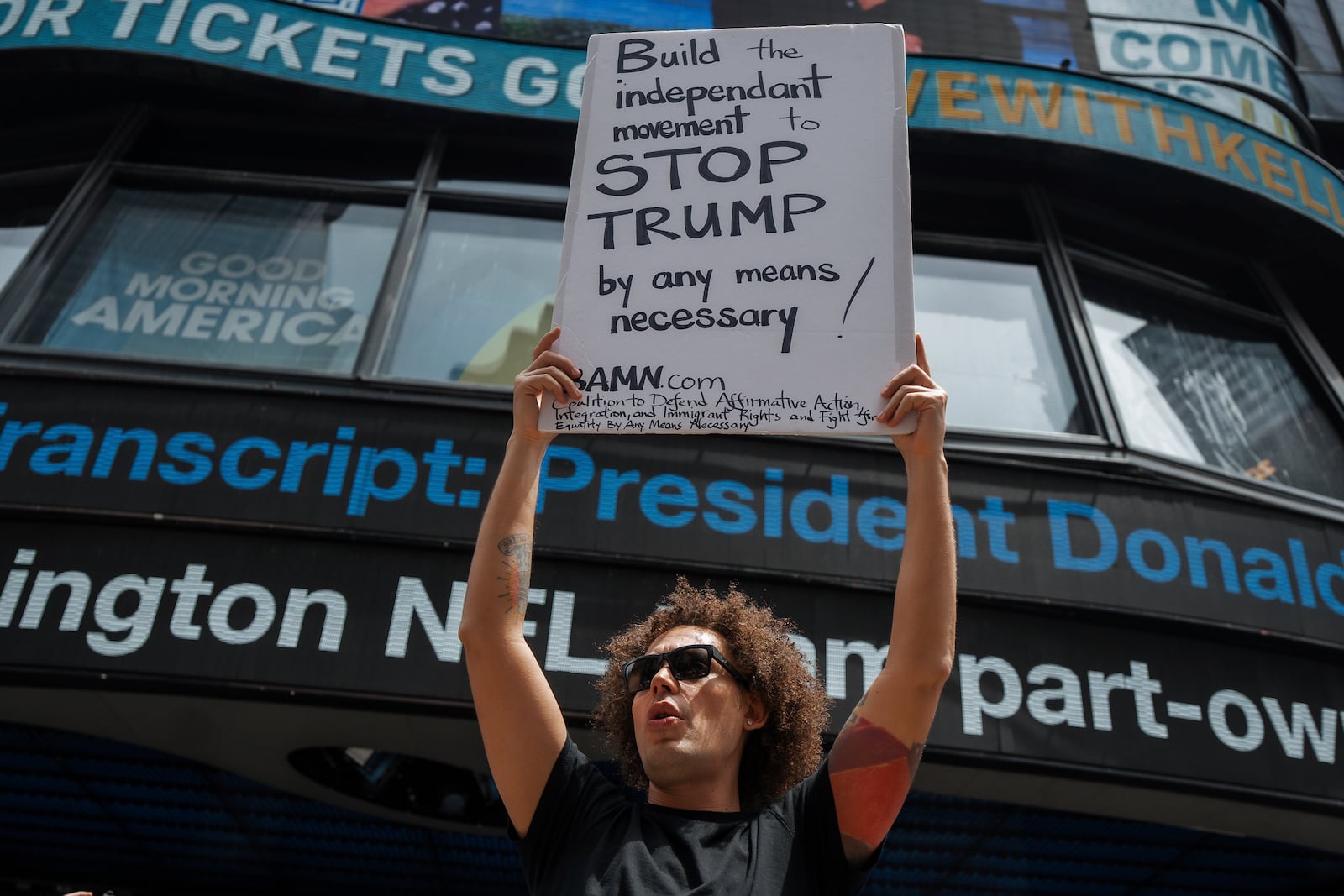 A protester shouts slogans during a protest against U.S. strikes in Iran, on Sunday, June 22, 2025, in New York. (AP Photo/Olga Fedorova)