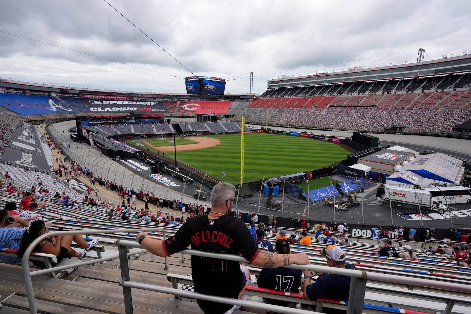 Fans gather for the MLB Speedway Classic baseball game at Bristol Motor Speedway in Bristol, Tenn., Sunday, Aug. 3, 2025. Play was resumed today after yesterday's weather delay. (AP Photo/George Walker IV)
