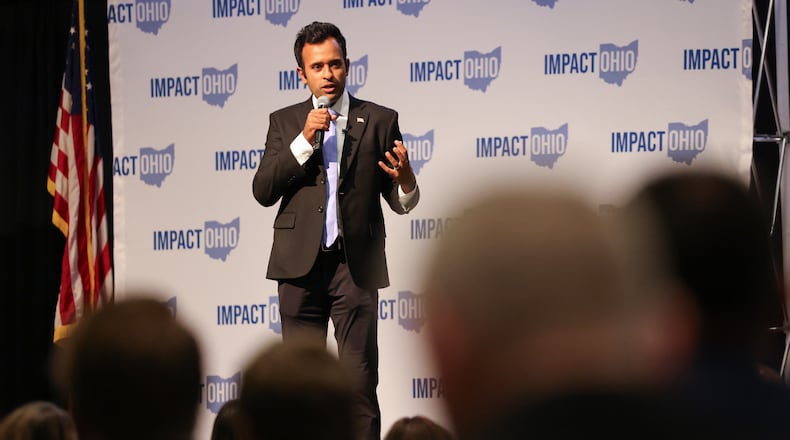 Ohio gubernatorial candidate Vivek Ramaswamy speaks during the keynote address in the Ohio Chamber's 2025 Dayton Regional Impact Ohio Conference on Tuesday, Aug. 26, in the Apollo Room in the Student Union at Wright State University. BRYANT BILLING / STAFF