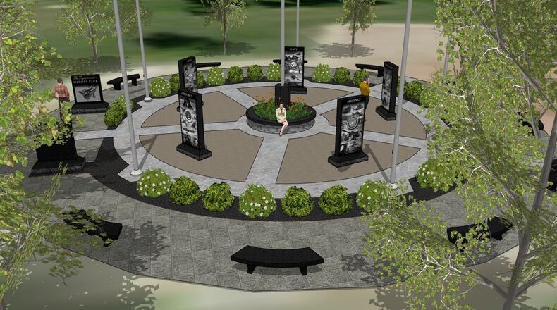 Pictured is an artist’s rendering of the planned veterans’ memorial at Heroes Park in Fairfield Twp. PROVIDED